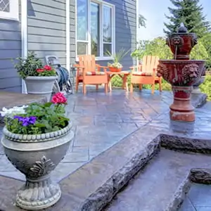 image of patio with decorative pots and fountain