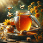Honey bees flying around a jar of honey.