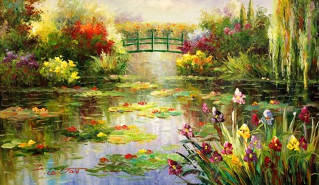 Painting of a pond with bright water lilies and a bridge.