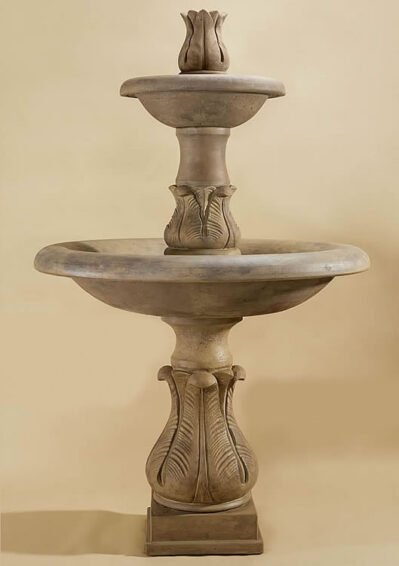 Folium 2 Tier Fountain Tall. Giannini Cast Stone Garden Ornaments, Cast Stone Garden Decor