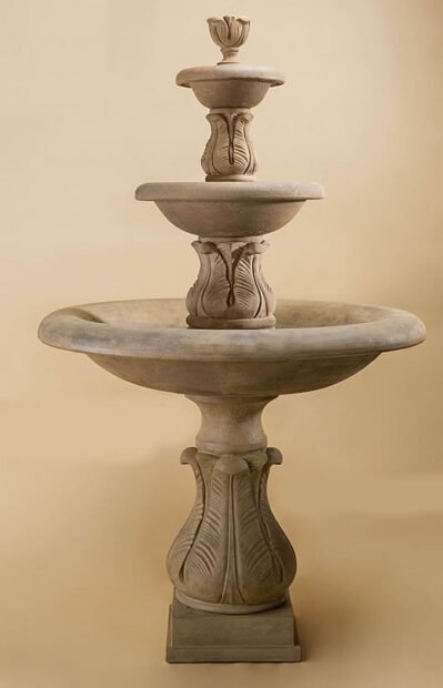 Folium 3 Tier Fountain Short Spacers. Giannini Cast Stone Garden Ornaments, Cast Stone Garden Decor