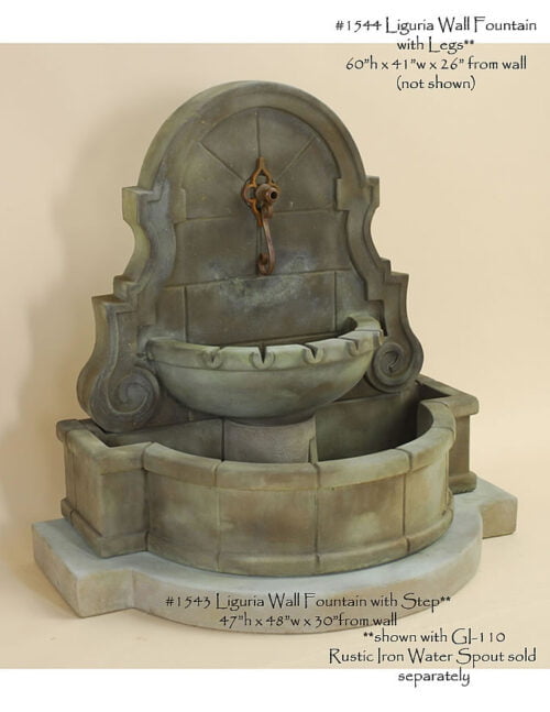 Liguria Wall Water Fountain With Legs For Spout, cast stone. Giannini Garden Ornaments.