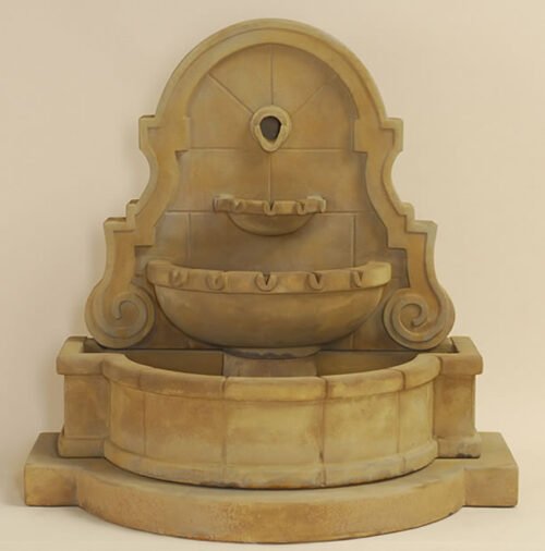 Liguria Wall Water Fountain With Step And Concrete Spout, cast stone. Giannini Garden Ornaments.