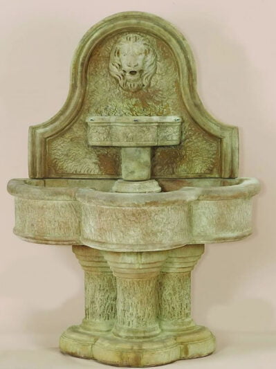 Luccan Lion Wall Water Fountain, cast stone. Giannini Garden Ornaments.