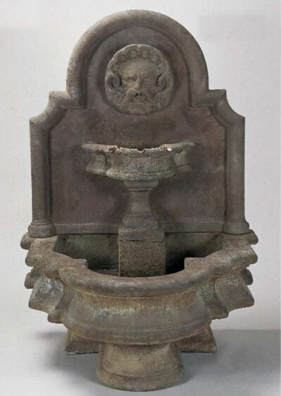 Mascaron Wall Water Fountain, cast stone. Giannini Garden Ornaments.