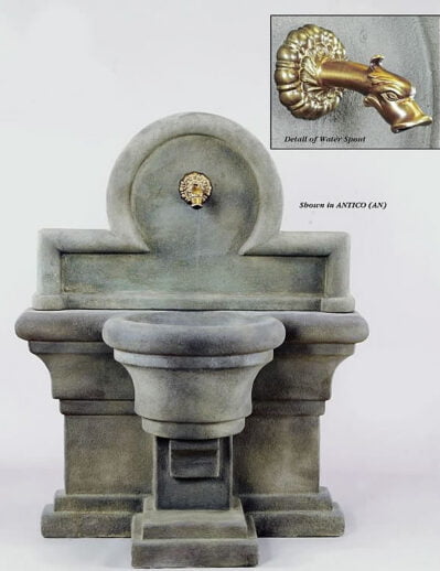 Porta Romana Wall Water Fountain For Spout, cast stone. Giannini Garden Ornaments.