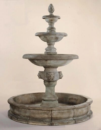 Quattro Lion Three Tier Pond Water Fountain, cast stone. Giannini Garden Ornaments.