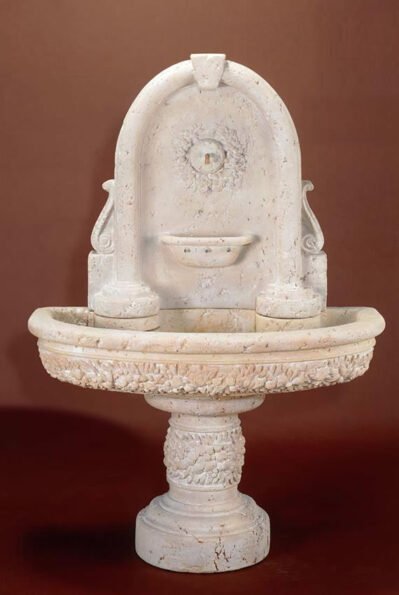 Robbiana Wall Water Fountain, cast stone. Giannini Garden Ornaments.