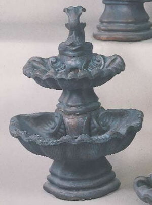 Two Tier Shell Water Fountain With Fish, cast stone. Giannini Garden Ornaments.