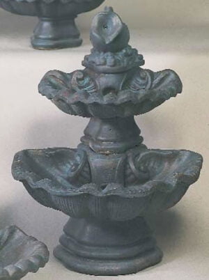 Two Tier Shell Water Fountain With Water Pitcher, cast stone. Giannini Garden Ornaments.