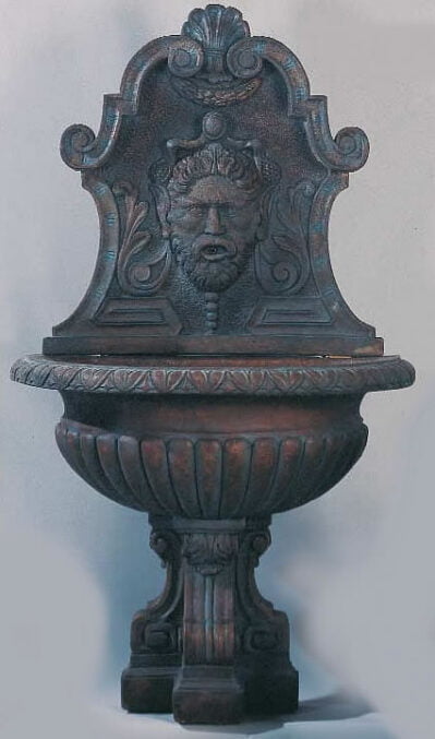 Vinci Wall Water Fountain, cast stone. Giannini Garden Ornaments.