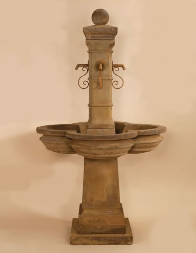 Bourdoux Water Fountain Iron Spouts, cast stone. Giannini Garden Ornaments.