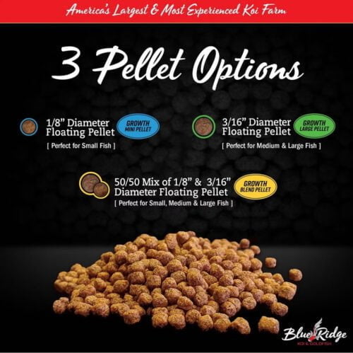 Blue Ridge Fish Pellets, small, larger and mixed for koi and goldfish.