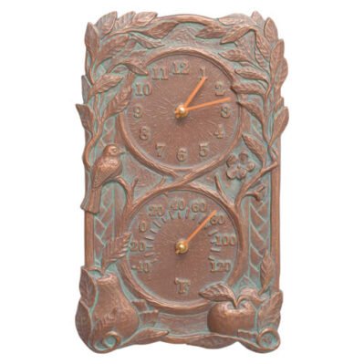 Fruit Bird Outdoor Clock and Thermometer, copper verdigris